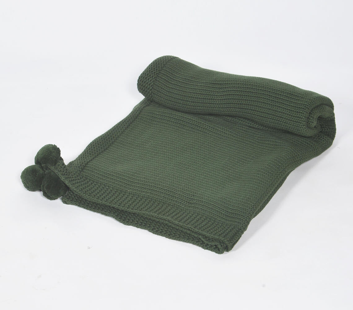 Knitted Cotton Seaweed Green Tasseled Throw