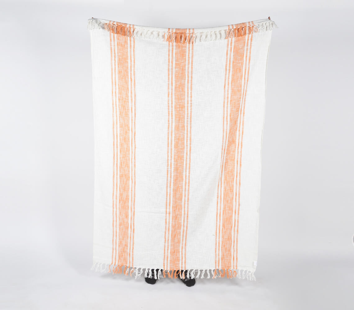 Handwoven Cotton Tangerine Striped Throw with Tassels