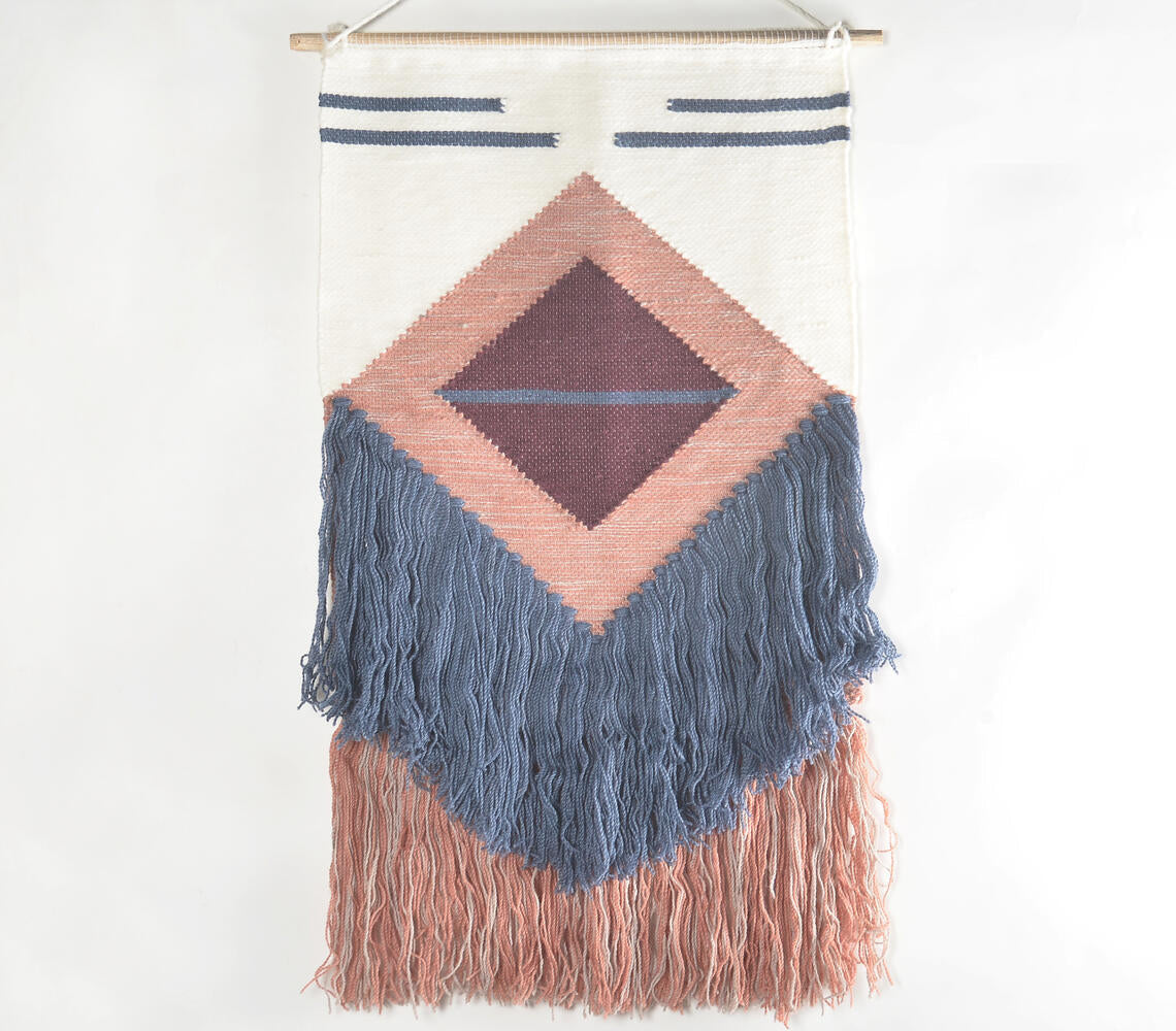 Handwoven Diamond Wall Hanging with Cadet & Rose Fringes