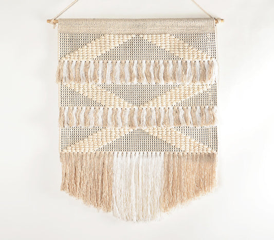 Handwoven Cotton White & Beige Fringed Wall Hanging
