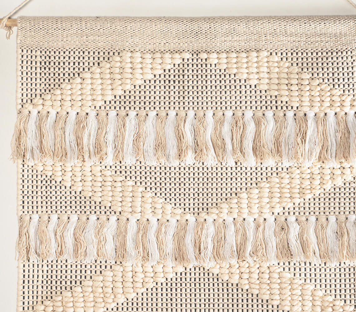 Handwoven Cotton White & Beige Fringed Wall Hanging