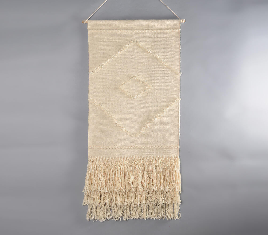 Handwoven Cotton & Wool Diamond Fringed Wall Hanging