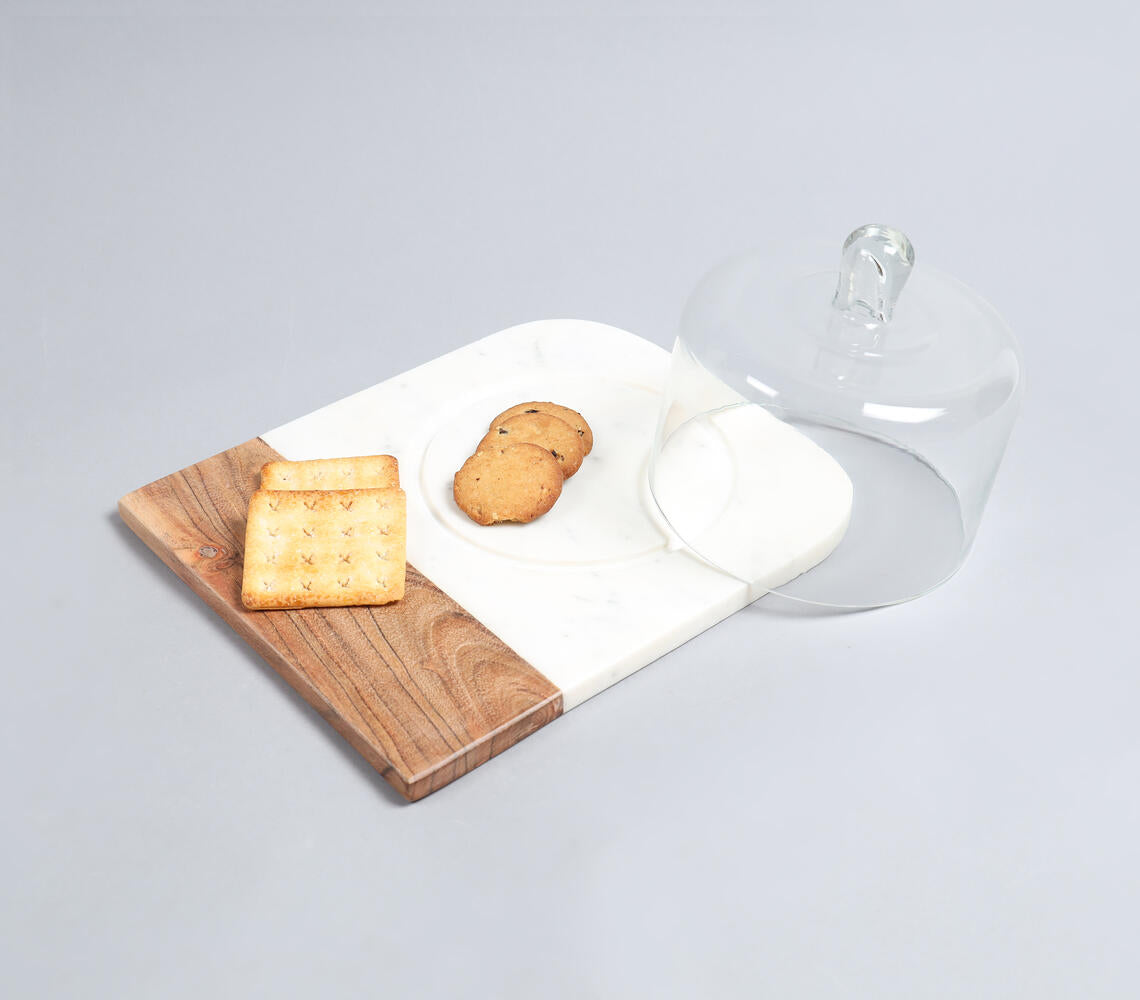 White Marble & Wood Colorblock Cake Platter With Glass Dome