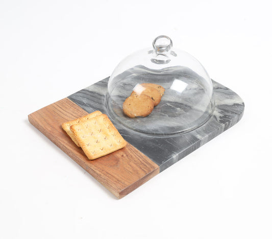 Black Marble & Wood Colorblock Cake Platter With Glass Dome