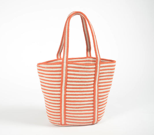Braided Jute & Cotton Striped Grocery Tote Bag
