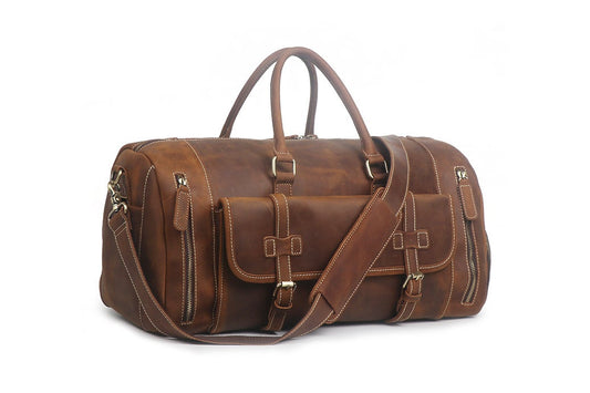 Large Size Handmade Leather Travel Bag with Shoes Compartment, Duffel