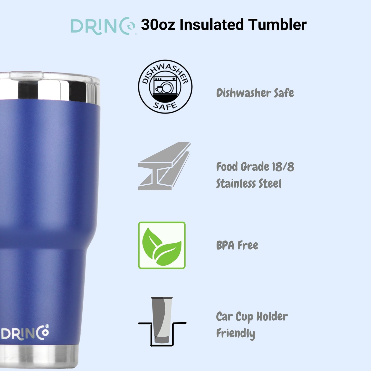 DRINCO® 30oz Insulated Tumbler Spill Proof Lid w/2 Straws (Royal Blue)