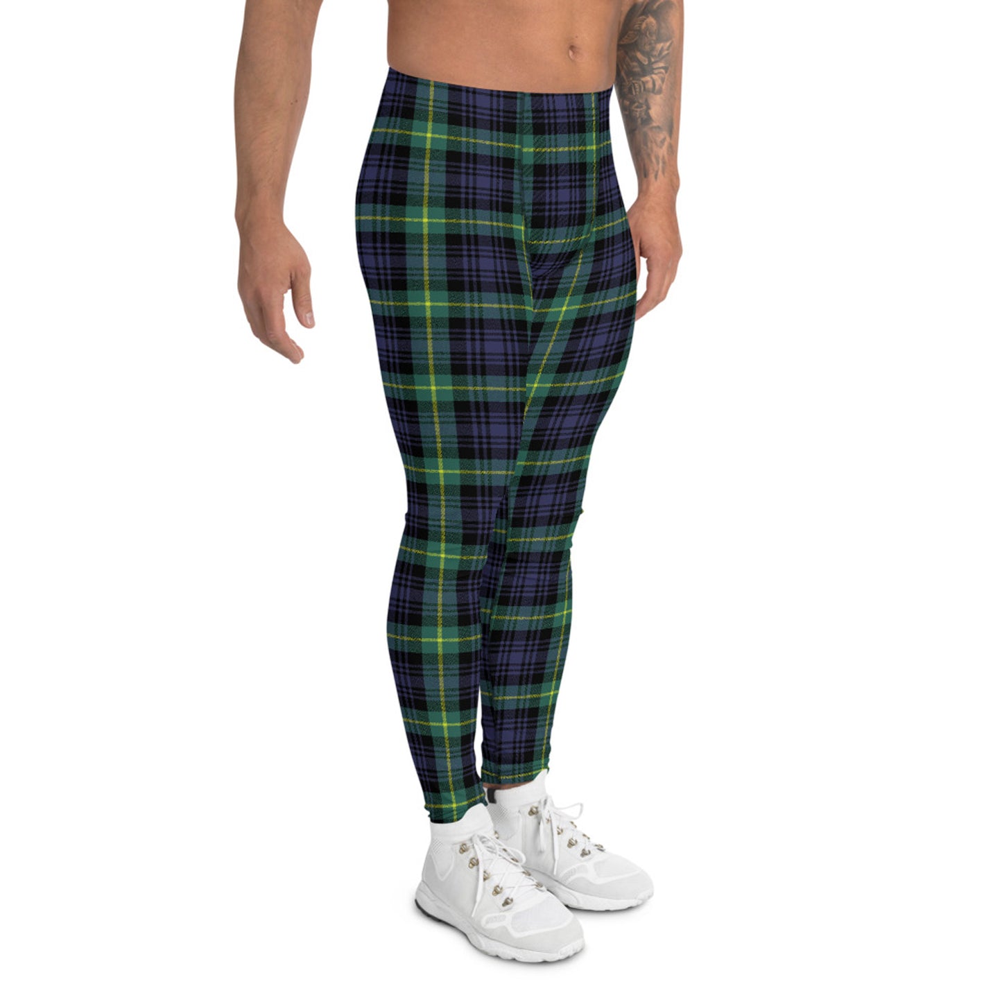 Green and Blue Plaid Tartan Leggings for Men