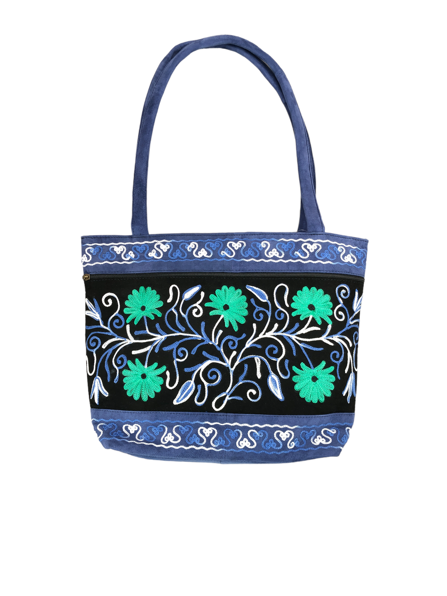 Handmade Black And Blue Suede Embroidered Tote Bag