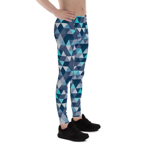 Mens Leggings - Blue Geometric Triangles Leggings