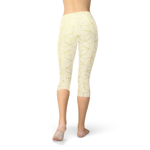 Womens White Capri Leggings w/ Geometric Cubes