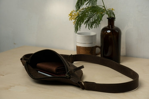Leather Banana Bag for Women, Handmade Fanny Pack for Jogging, Dark