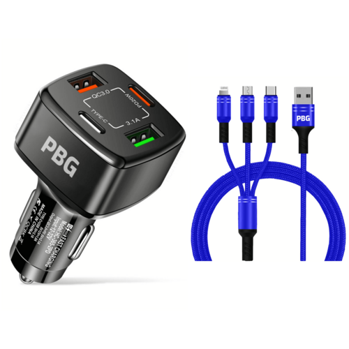 PBG 4 Port Car Charger and 4FT - 3 in 1 Nylon Cable Combo