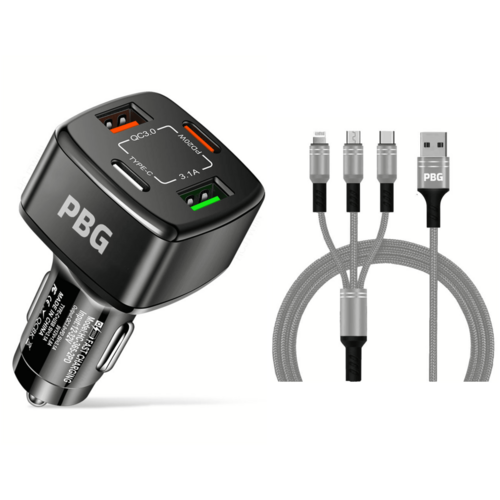 PBG 4 Port Car Charger and 4FT - 3 in 1 Nylon Cable Combo