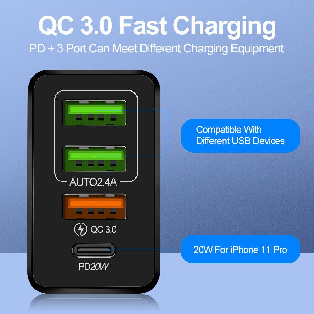 4-Port 36W Wall Safe and Fast Charger Adapter QC3.0 USB Type-C PD 20W