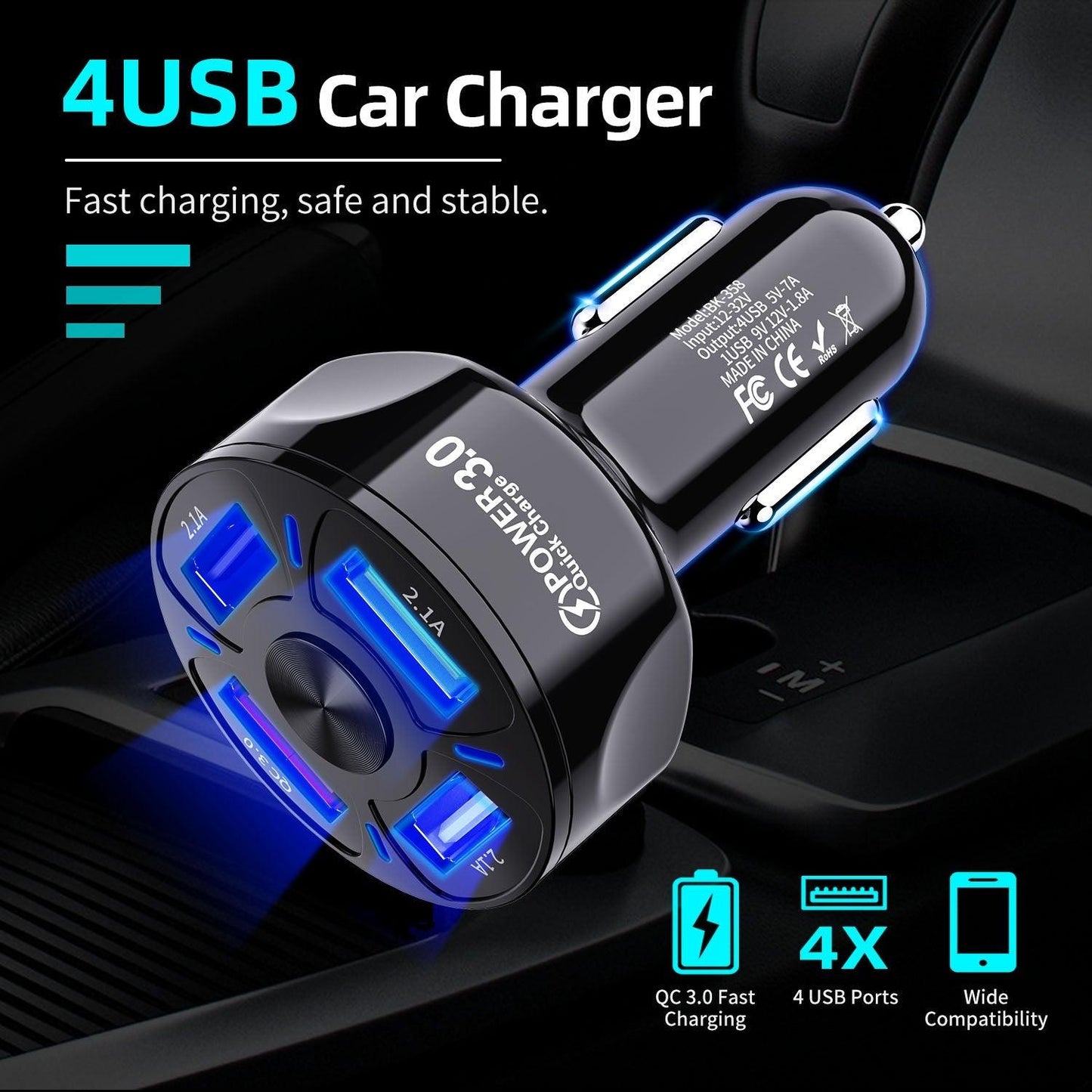 2 PACK PBG LED 4 Port Rapid Car Charger - Charges 4 Devices at once!